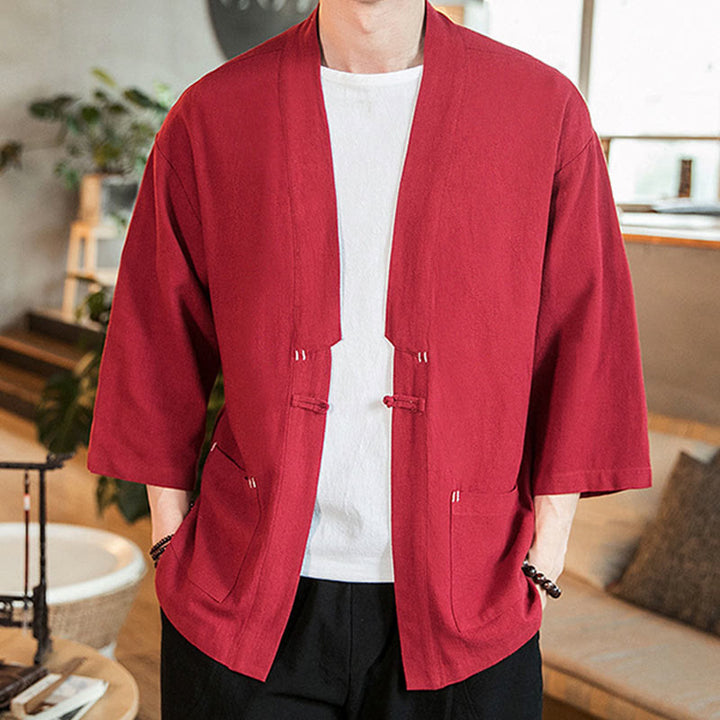Veste en coton et lin à boutons grenouille chinois uni Buddha Stones , kimono à manches trois-quarts pour homme - image 25