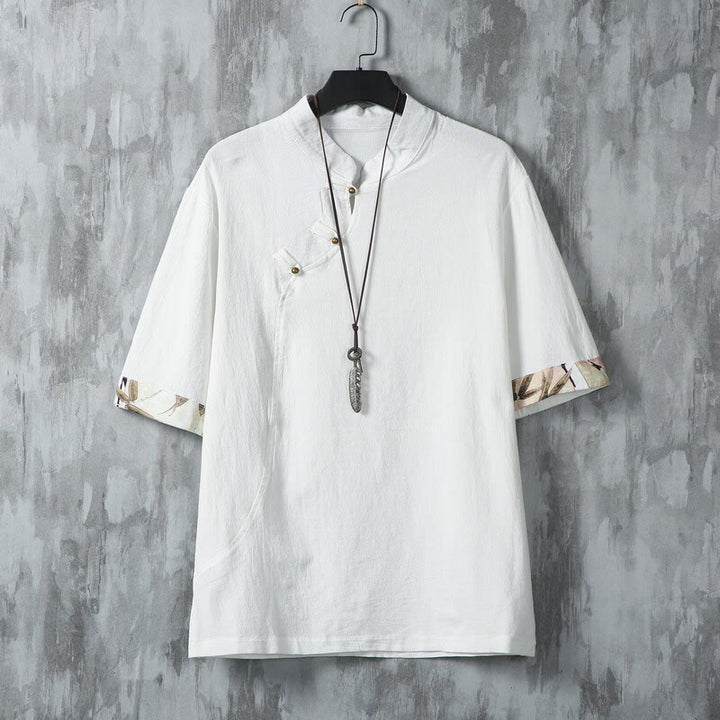 Chemise d'été en coton et lin à manches mi-longues pour homme, motif Buddha Stones, imprimé grenouille chinoise, boutons, patchwork uni - Blanc - US/UK/AU46,EU56 (5XL) - image 1