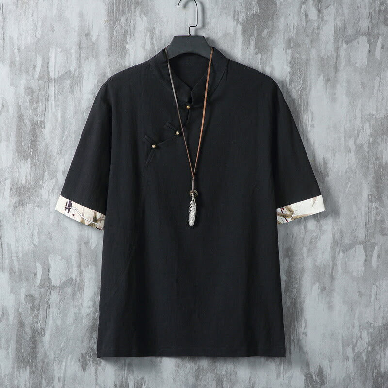 Chemise d'été en coton et lin à manches mi-longues pour homme, motif Buddha Stones, imprimé grenouille chinoise, boutons, patchwork uni - Noir - US/UK/AU46,EU56 (5XL) - image 7