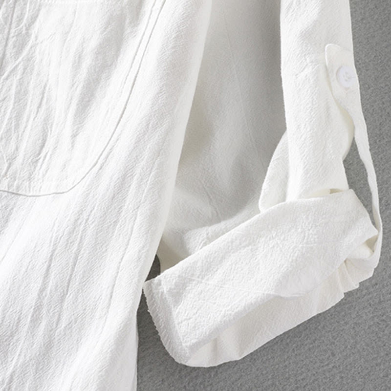 Buddha Stones homme en coton et lin, style vintage décontracté, simple boutonnage, manches trois-quarts, avec poche