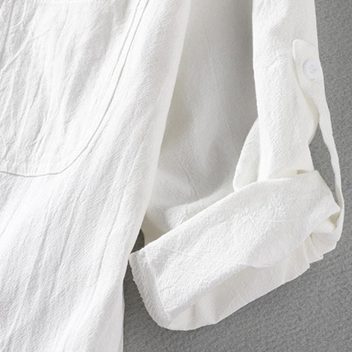 Buddha Stones homme en coton et lin, style vintage décontracté, simple boutonnage, manches trois-quarts, avec poche