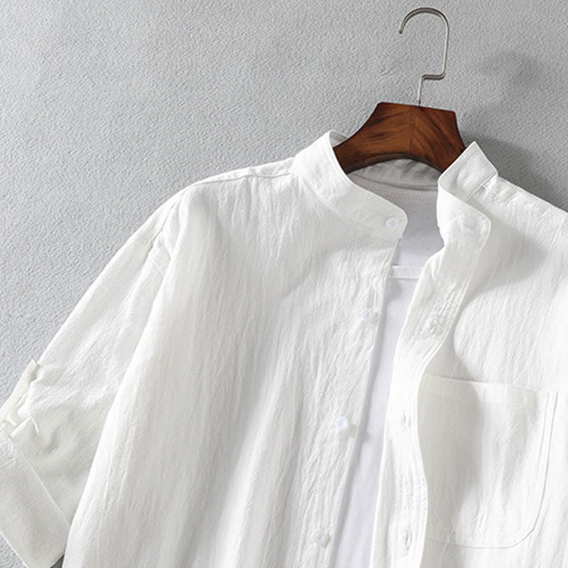 Buddha Stones homme en coton et lin, style vintage décontracté, simple boutonnage, manches trois-quarts, avec poche