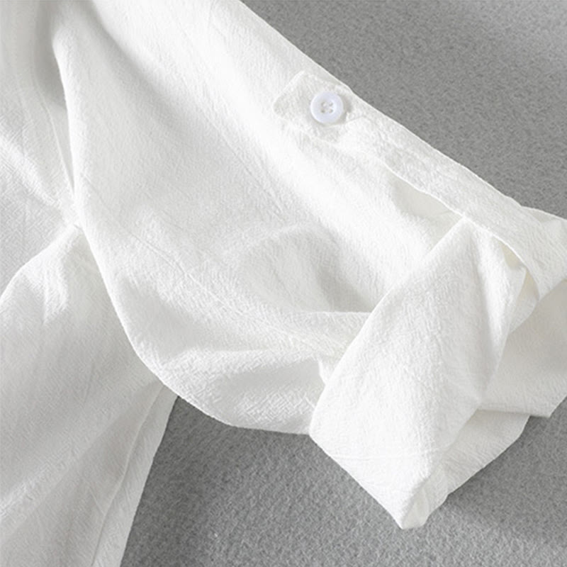 Buddha Stones homme en coton et lin, style vintage décontracté, simple boutonnage, manches trois-quarts, avec poche