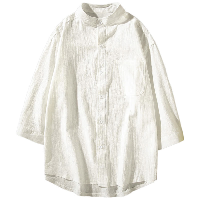 Buddha Stones homme en coton et lin, style vintage décontracté, simple boutonnage, manches trois-quarts, avec poche