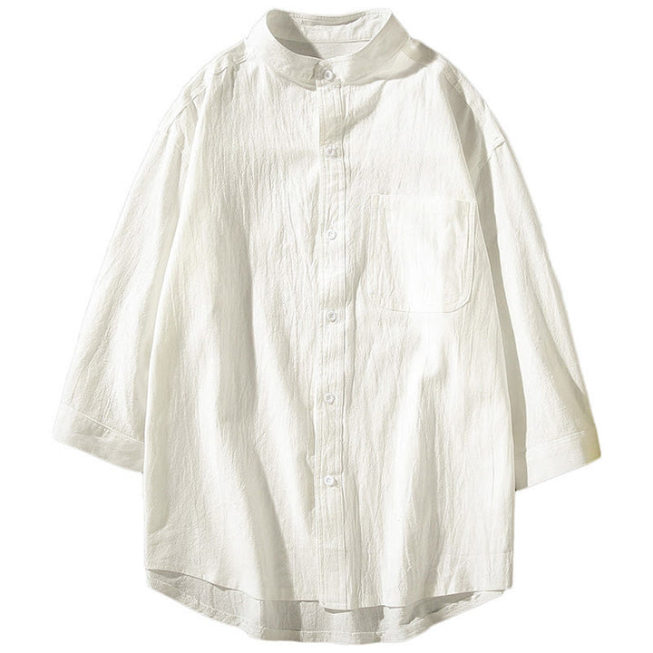 Buddha Stones homme en coton et lin, style vintage décontracté, simple boutonnage, manches trois-quarts, avec poche