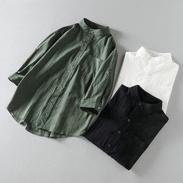 Buddha Stones homme en coton et lin, style vintage décontracté, simple boutonnage, manches trois-quarts, avec poche