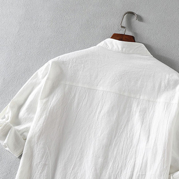 Buddha Stones homme en coton et lin, style vintage décontracté, simple boutonnage, manches trois-quarts, avec poche