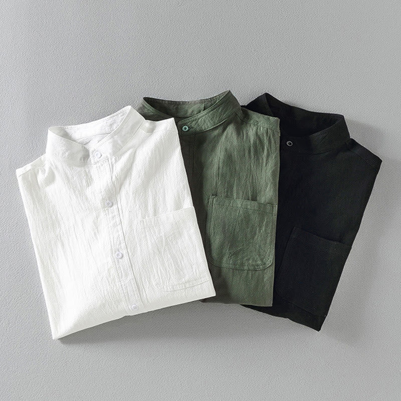 Buddha Stones homme en coton et lin, style vintage décontracté, simple boutonnage, manches trois-quarts, avec poche