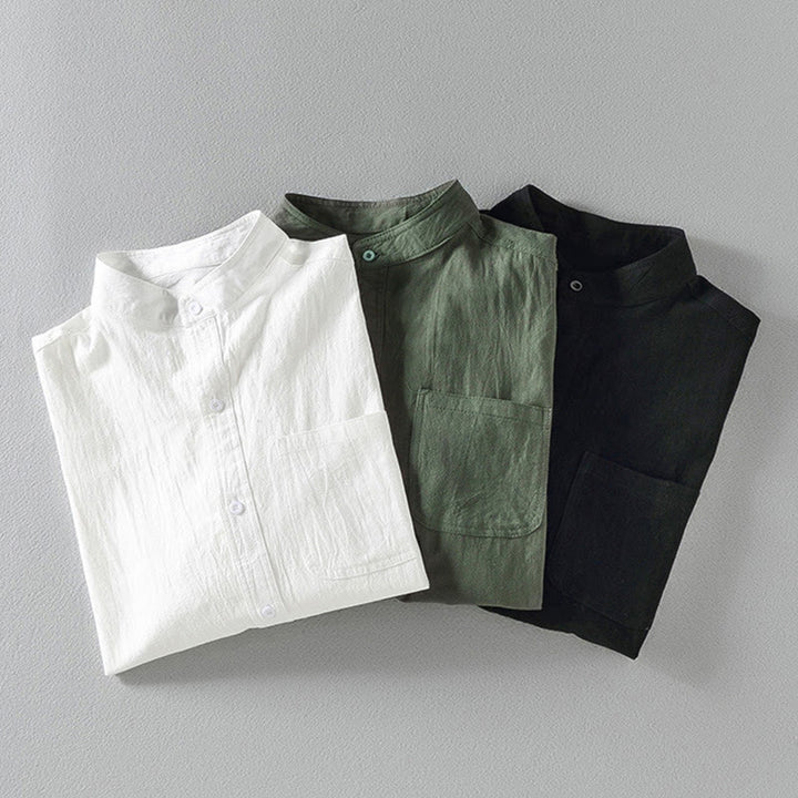 Buddha Stones homme en coton et lin, style vintage décontracté, simple boutonnage, manches trois-quarts, avec poche