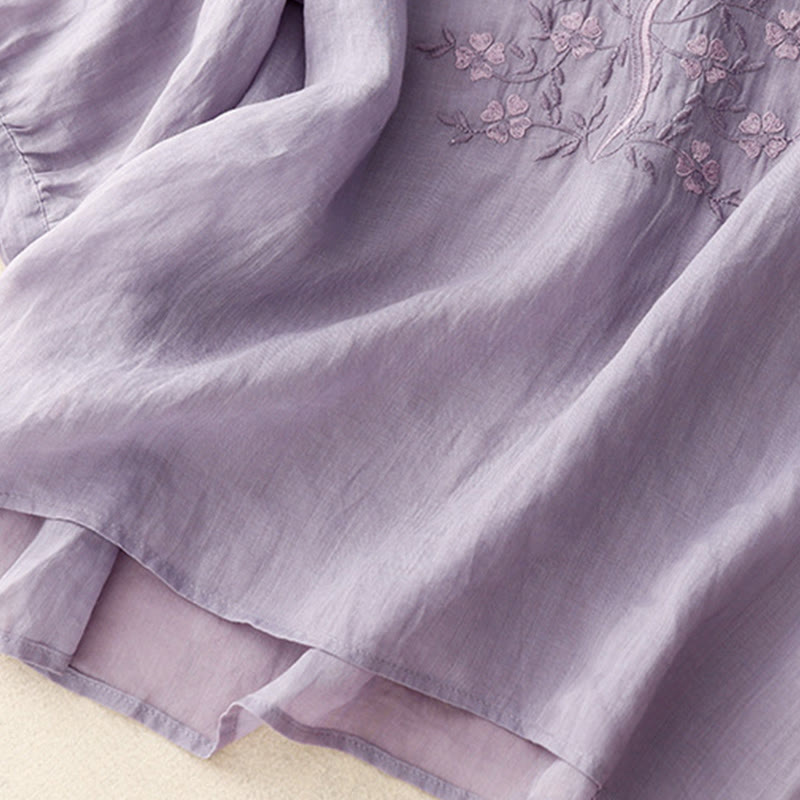 T-shirt d'été décontracté à manches courtes et col en V pour femme, motif Buddha Stones, broderie florale, en acrylique