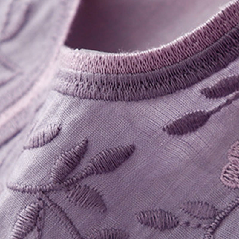 T-shirt d'été décontracté à manches courtes et col en V pour femme, motif Buddha Stones, broderie florale, en acrylique