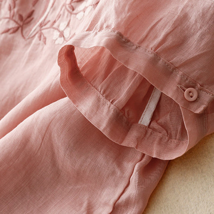 T-shirt d'été décontracté à manches courtes et col en V pour femme, motif Buddha Stones, broderie florale, en acrylique