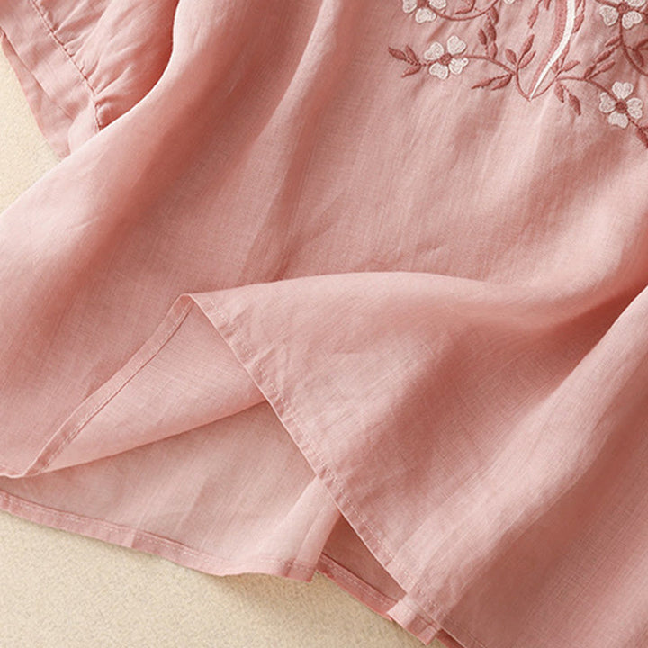 T-shirt d'été décontracté à manches courtes et col en V pour femme, motif Buddha Stones, broderie florale, en acrylique