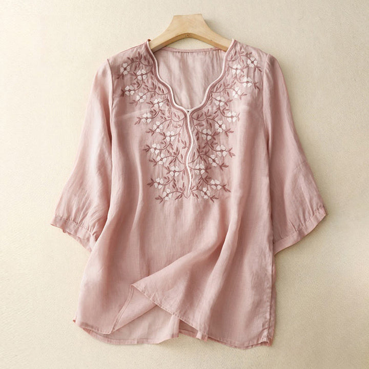 T-shirt d'été décontracté à manches courtes et col en V pour femme, motif Buddha Stones, broderie florale, en acrylique