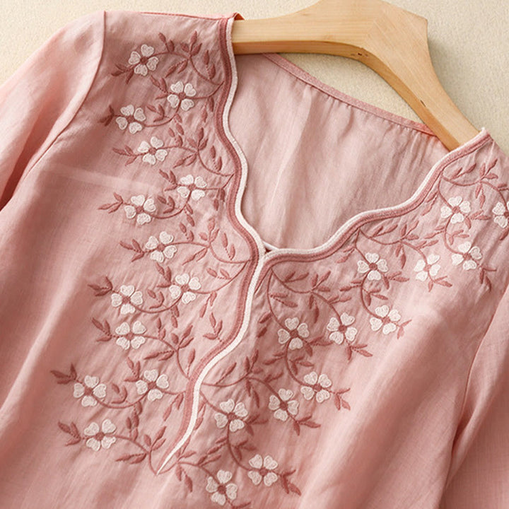 T-shirt d'été décontracté à manches courtes et col en V pour femme, motif Buddha Stones, broderie florale, en acrylique