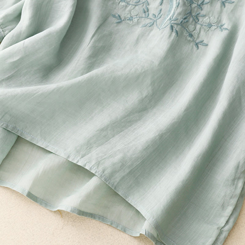 T-shirt d'été décontracté à manches courtes et col en V pour femme, motif Buddha Stones, broderie florale, en acrylique