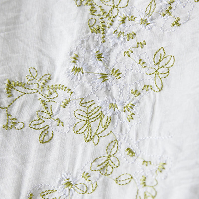 Buddha Stones décontractée en coton et lin pour femme, motif floral brodé, boutons grenouille, col incliné, manches trois-quarts - image 3