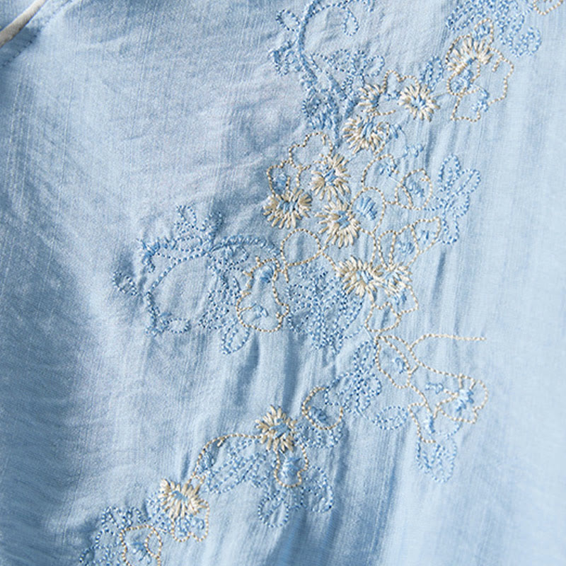 Buddha Stones décontractée en coton et lin pour femme, motif floral brodé, boutons grenouille, col incliné, manches trois-quarts - image 17