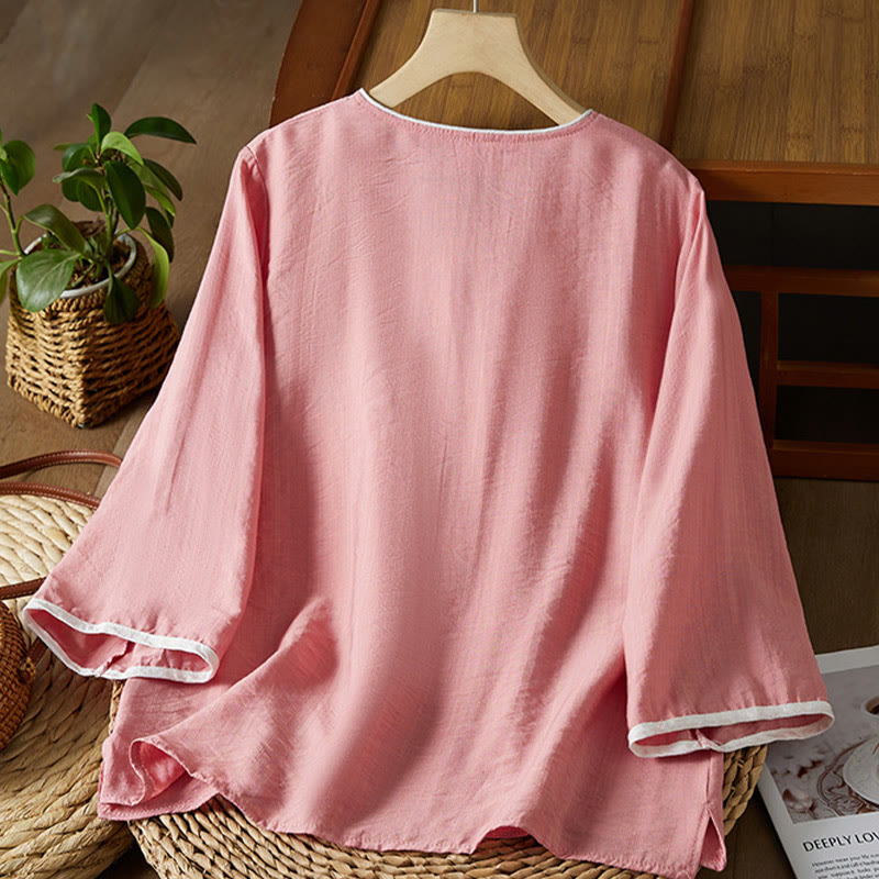 Buddha Stones décontractée en coton et lin pour femme, motif floral brodé, boutons grenouille, col incliné, manches trois-quarts - image 19