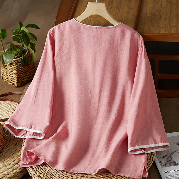 Buddha Stones décontractée en coton et lin pour femme, motif floral brodé, boutons grenouille, col incliné, manches trois-quarts - image 19