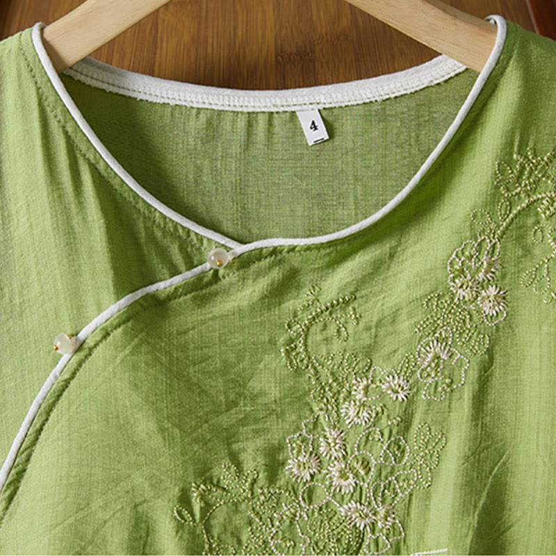 Buddha Stones décontractée en coton et lin pour femme, motif floral brodé, boutons grenouille, col incliné, manches trois-quarts - image 29