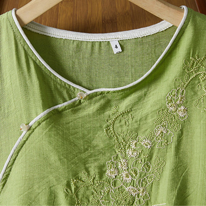 Buddha Stones décontractée en coton et lin pour femme, motif floral brodé, boutons grenouille, col incliné, manches trois-quarts - image 29