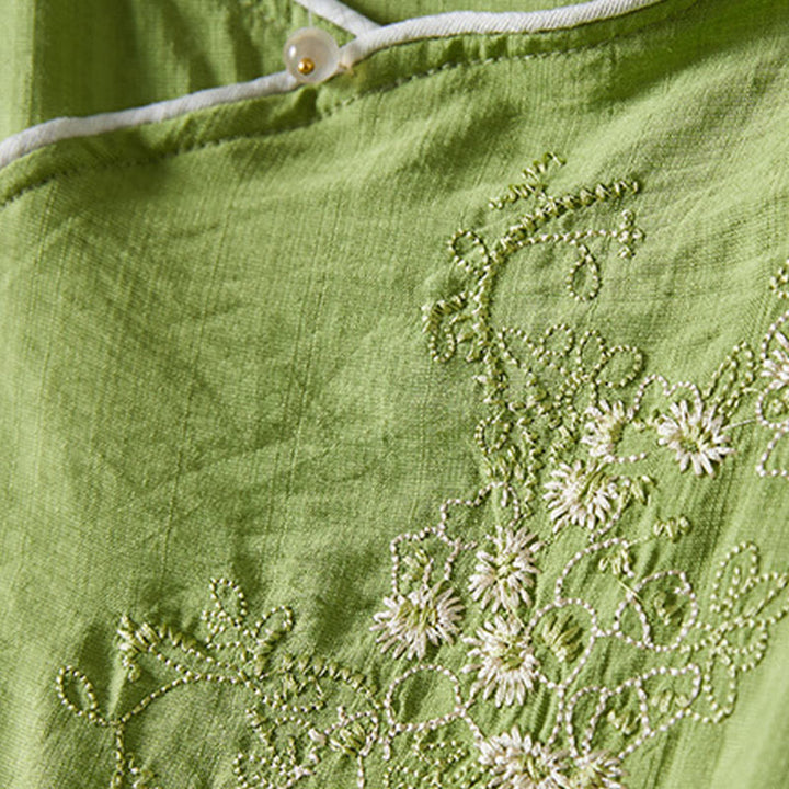 Buddha Stones décontractée en coton et lin pour femme, motif floral brodé, boutons grenouille, col incliné, manches trois-quarts - image 27