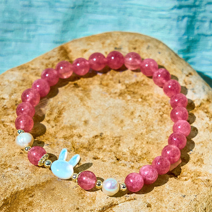 Bracelet de guérison Buddha Stones Fraise Quartz Perle Chat Lapin - image 3