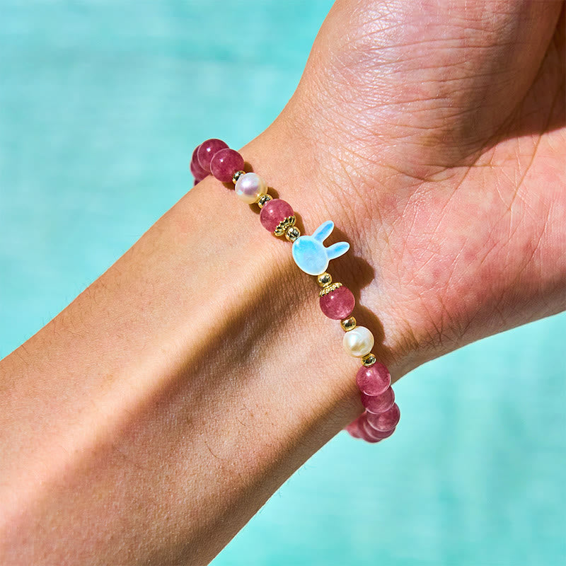 Bracelet de guérison Buddha Stones Fraise Quartz Perle Chat Lapin - image 4