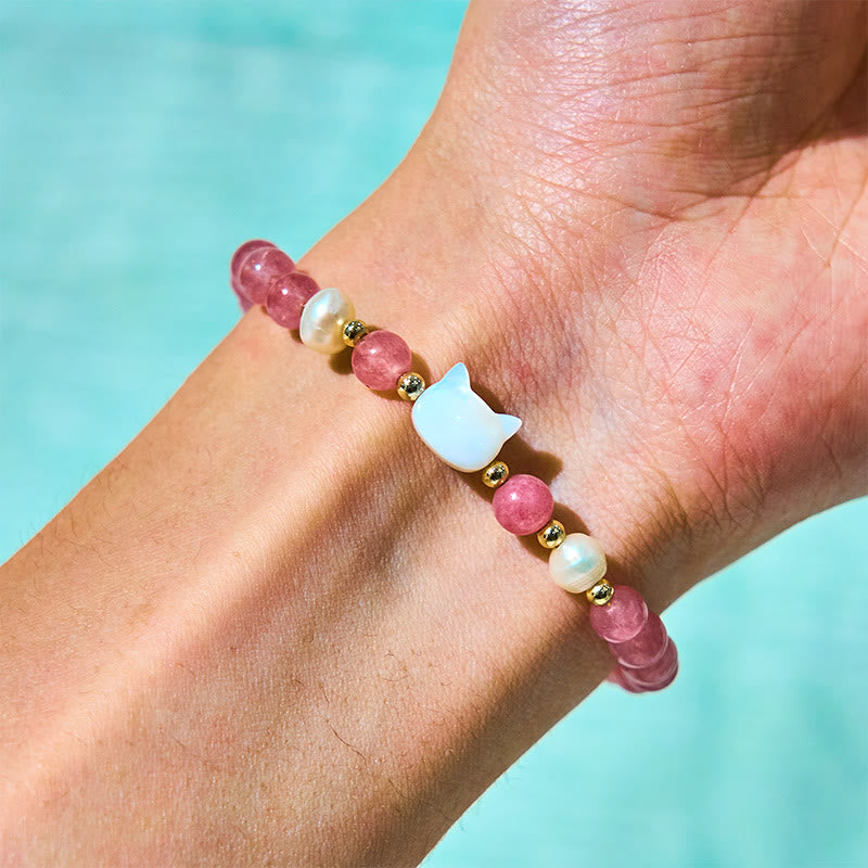 Bracelet de guérison Buddha Stones Fraise Quartz Perle Chat Lapin - image 8