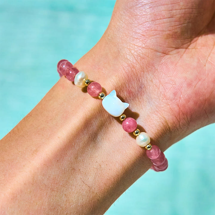 Bracelet de guérison Buddha Stones Fraise Quartz Perle Chat Lapin - image 8