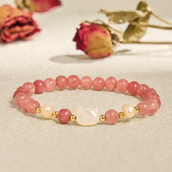 Bracelet de guérison Buddha Stones Fraise Quartz Perle Chat Lapin - Chat en quartz fraise (tour de poignet 14-16 cm) - image 6