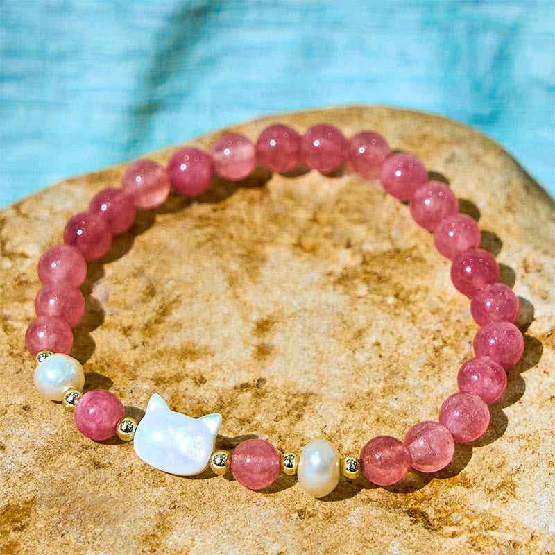 Bracelet de guérison Buddha Stones Fraise Quartz Perle Chat Lapin - image 9