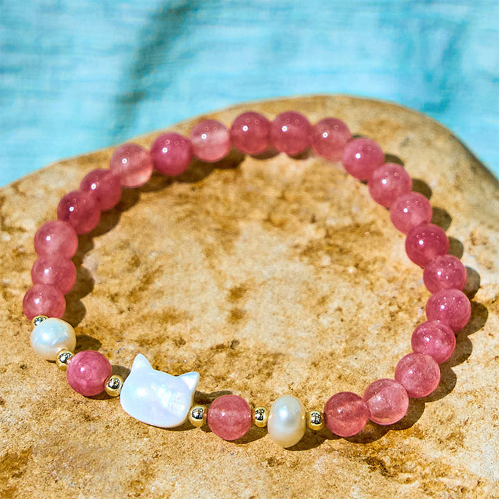 Bracelet de guérison Buddha Stones Fraise Quartz Perle Chat Lapin - image 9