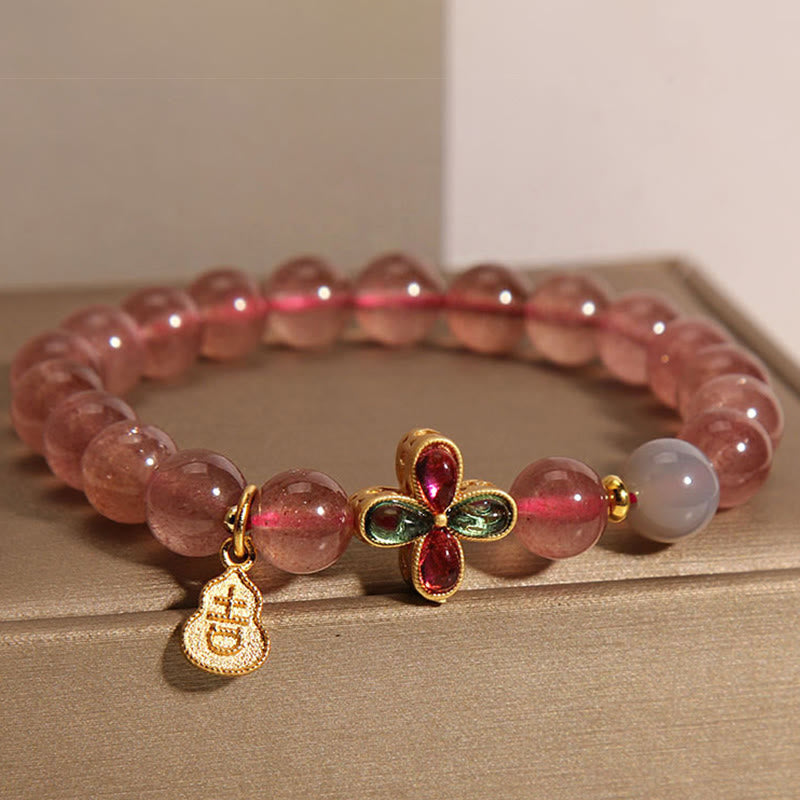 Bracelet de guérison en quartz Buddha Stones et trèfle à quatre feuilles en forme de courge porte-bonheur