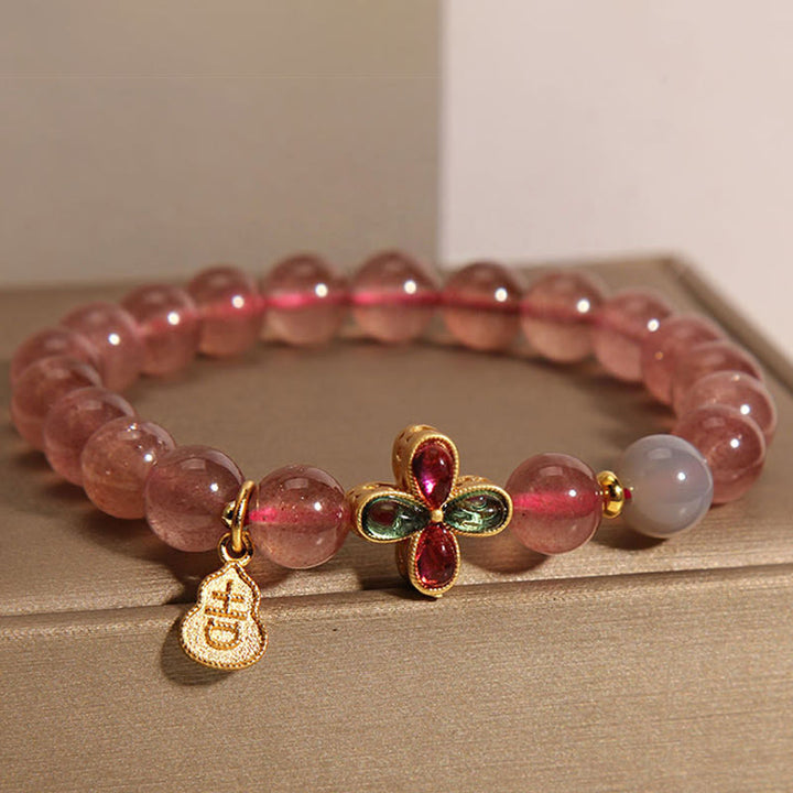 Bracelet de guérison en quartz Buddha Stones et trèfle à quatre feuilles en forme de courge porte-bonheur