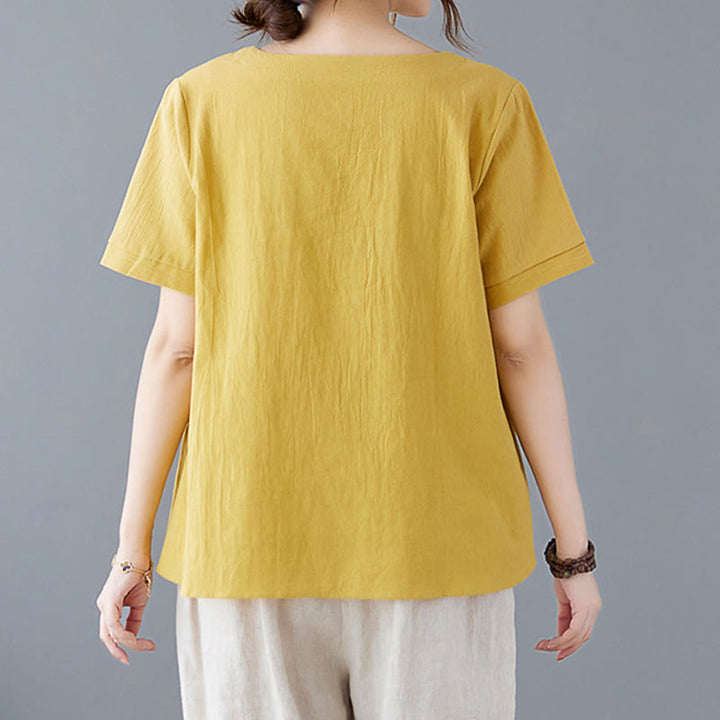 T-shirt à manches courtes et col ras du cou en coton et lin avec fente latérale et motif Buddha Stones pour femme, avec poche - image 1