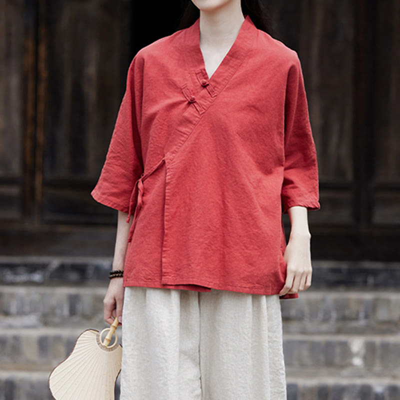 Cardigan à manches mi-longues en coton et lin pour femme, motif patchwork à lacets sur le côté, style Buddha Stones zen et zen, couleur pure