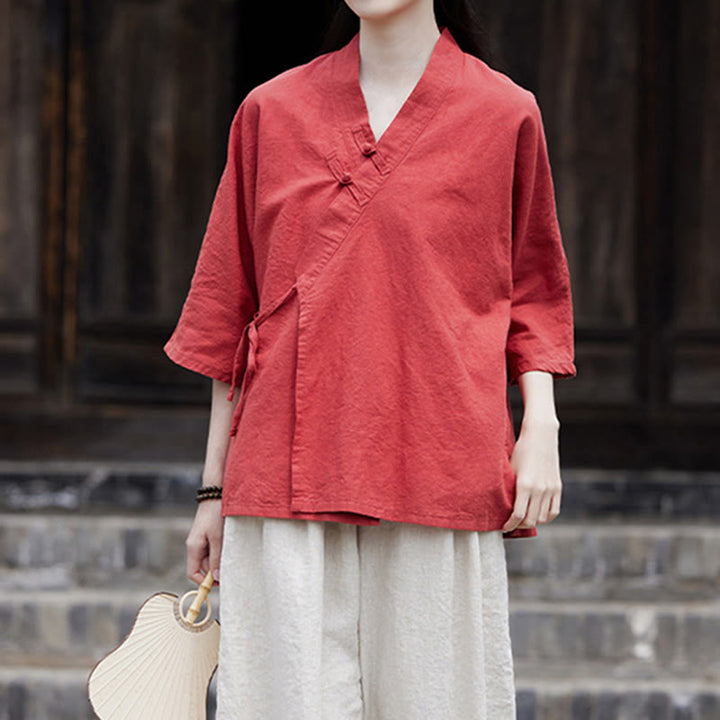 Cardigan à manches mi-longues en coton et lin pour femme, motif patchwork à lacets sur le côté, style Buddha Stones zen et zen, couleur pure