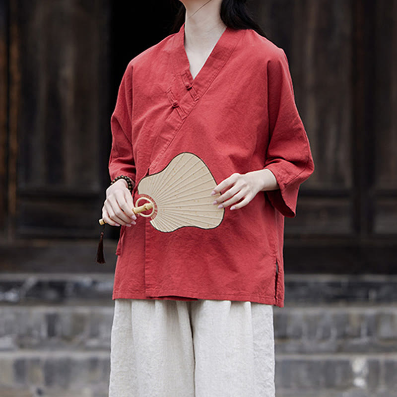 Cardigan à manches mi-longues en coton et lin pour femme, motif patchwork à lacets sur le côté, style Buddha Stones zen et zen, couleur pure