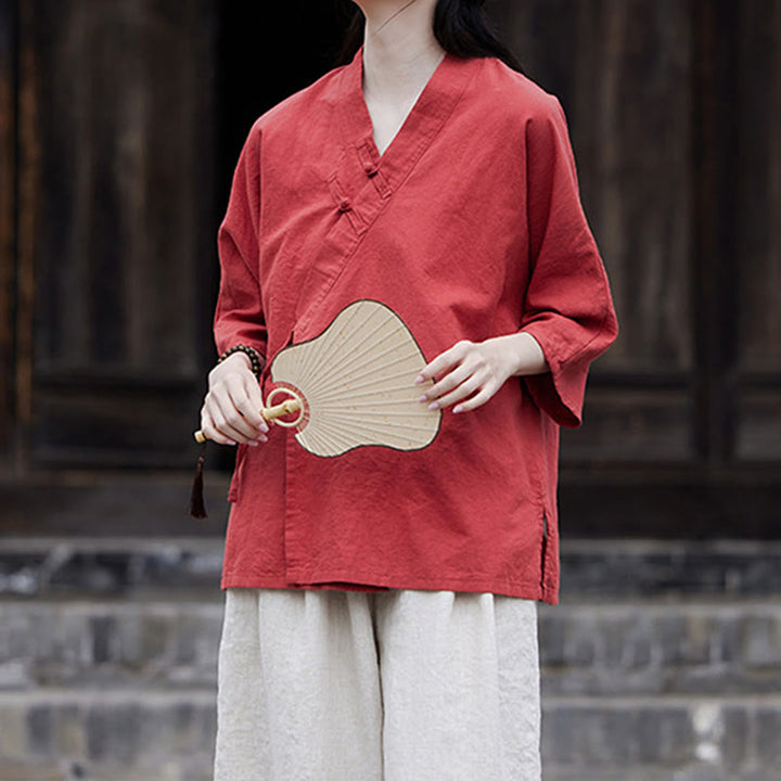 Cardigan à manches mi-longues en coton et lin pour femme, motif patchwork à lacets sur le côté, style Buddha Stones zen et zen, couleur pure