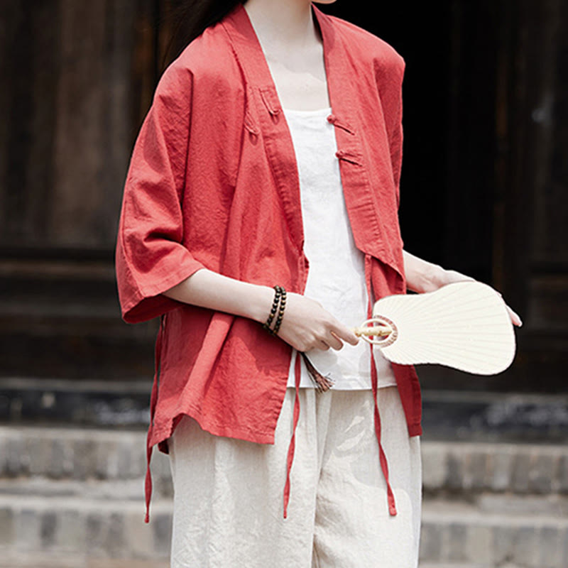 Cardigan à manches mi-longues en coton et lin pour femme, motif patchwork à lacets sur le côté, style Buddha Stones zen et zen, couleur pure