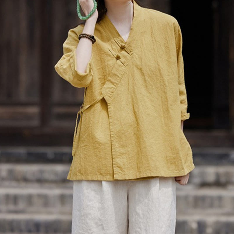 Cardigan à manches mi-longues en coton et lin pour femme, motif patchwork à lacets sur le côté, style Buddha Stones zen et zen, couleur pure