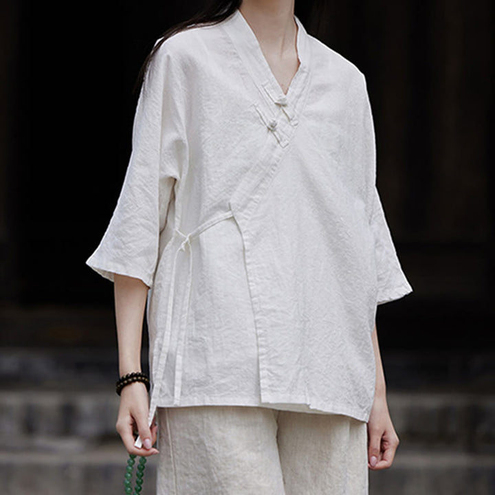 Cardigan à manches mi-longues en coton et lin pour femme, motif patchwork à lacets sur le côté, style Buddha Stones zen et zen, couleur pure