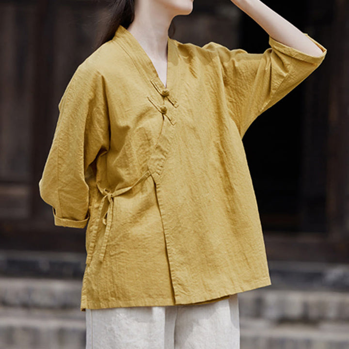 Cardigan à manches mi-longues en coton et lin pour femme, motif patchwork à lacets sur le côté, style Buddha Stones zen et zen, couleur pure