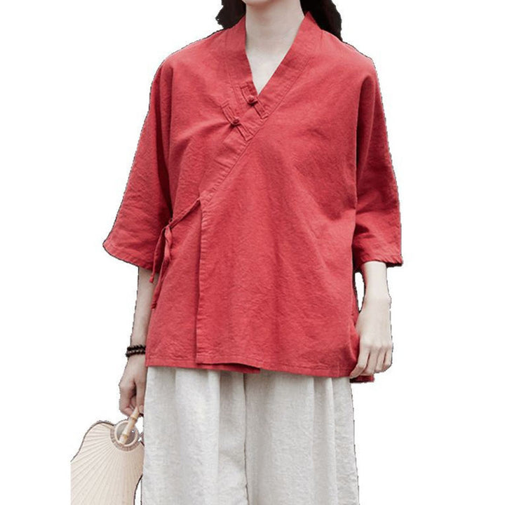 Cardigan à manches mi-longues en coton et lin pour femme, motif patchwork à lacets sur le côté, style Buddha Stones zen et zen, couleur pure