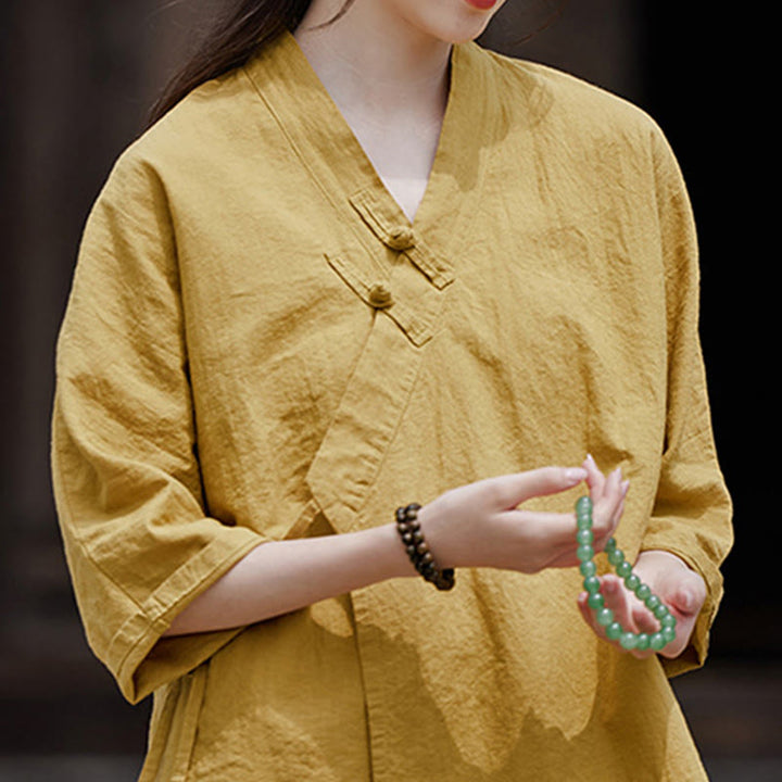 Cardigan à manches mi-longues en coton et lin pour femme, motif patchwork à lacets sur le côté, style Buddha Stones zen et zen, couleur pure