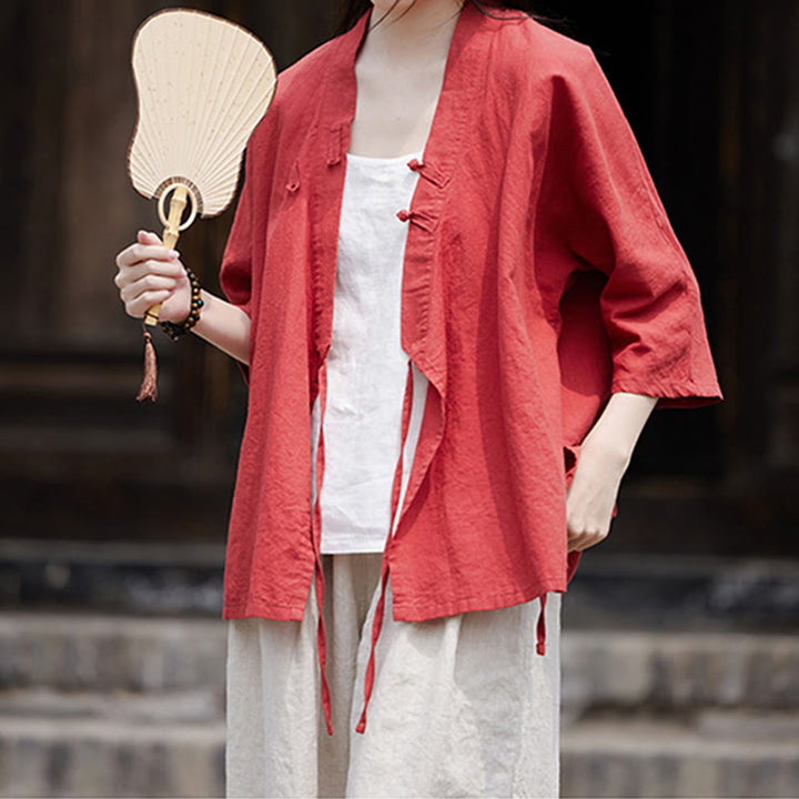 Cardigan à manches mi-longues en coton et lin pour femme, motif patchwork à lacets sur le côté, style Buddha Stones zen et zen, couleur pure