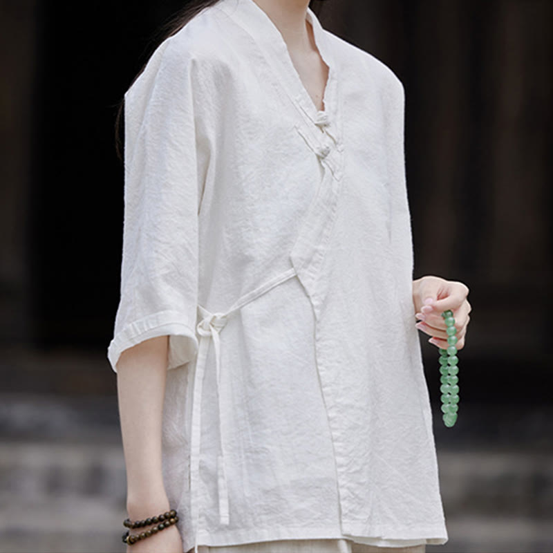 Cardigan à manches mi-longues en coton et lin pour femme, motif patchwork à lacets sur le côté, style Buddha Stones zen et zen, couleur pure