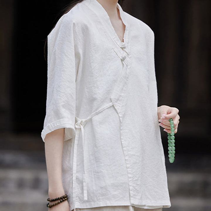 Cardigan à manches mi-longues en coton et lin pour femme, motif patchwork à lacets sur le côté, style Buddha Stones zen et zen, couleur pure